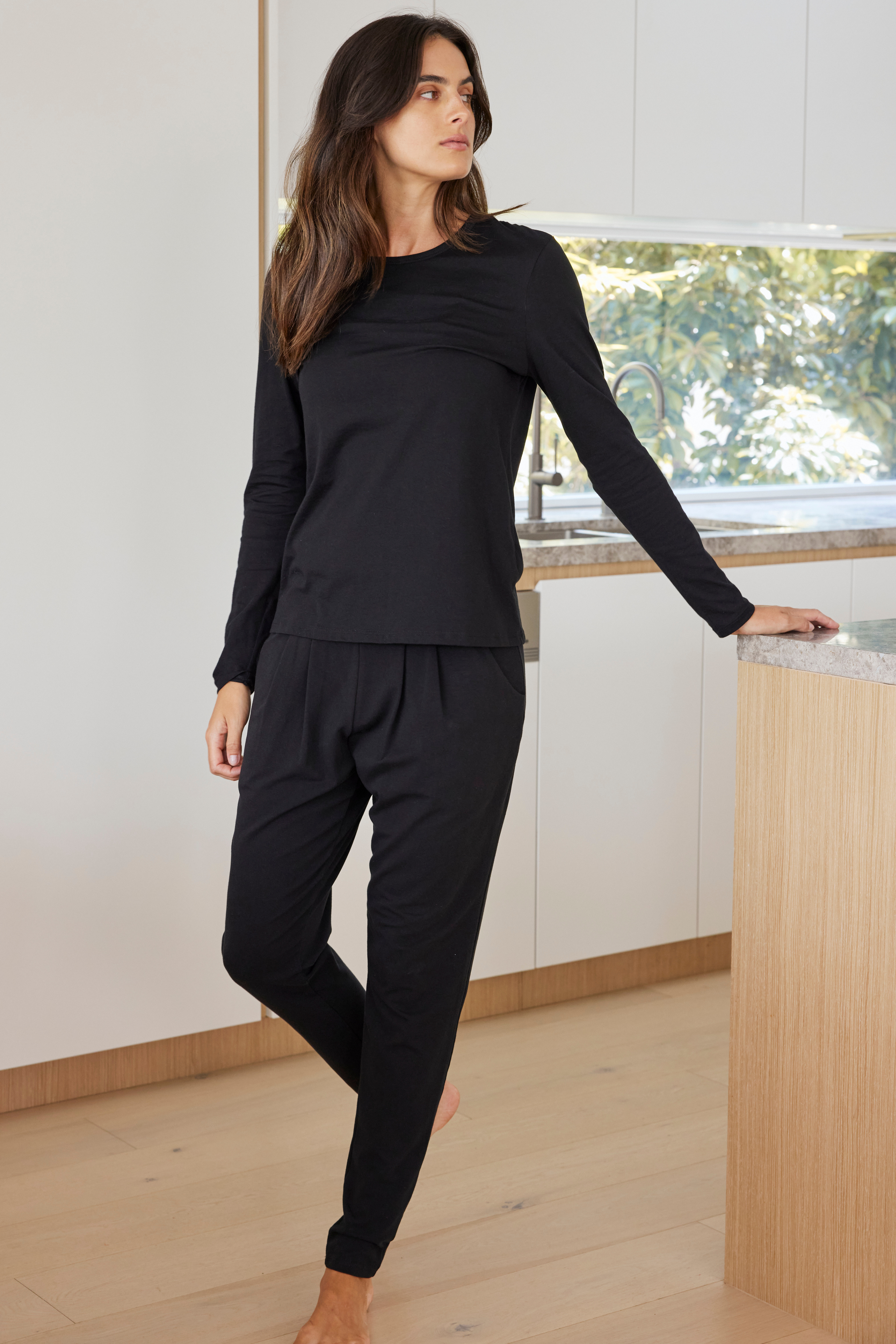 Long sleeve shelf bra PJ set - Jet black